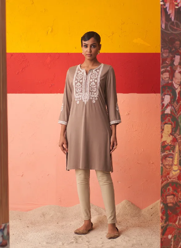 Beige Kurta for Women with Threadwork and Lace Detailing