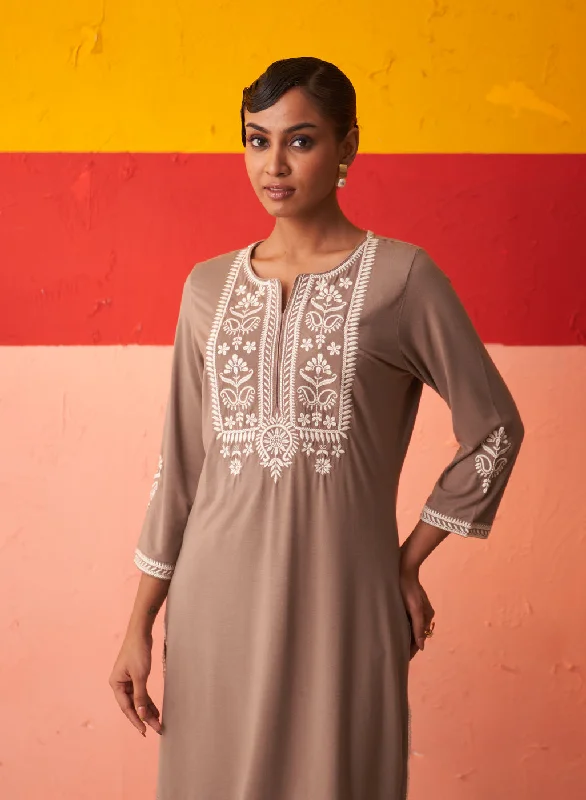 Beige Kurta for Women with Threadwork and Lace Detailing