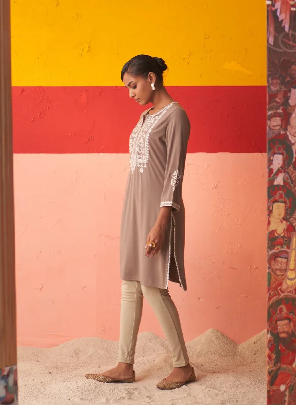 Beige Kurta for Women with Threadwork and Lace Detailing