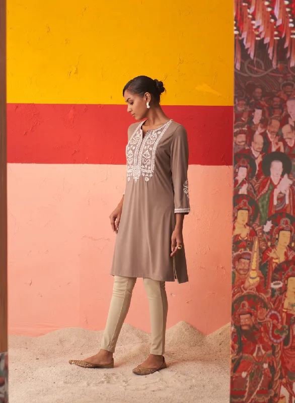 Beige Kurta for Women with Threadwork and Lace Detailing