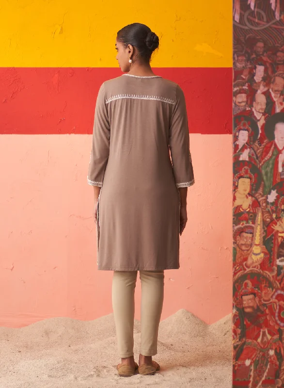 Beige Kurta for Women with Threadwork and Lace Detailing