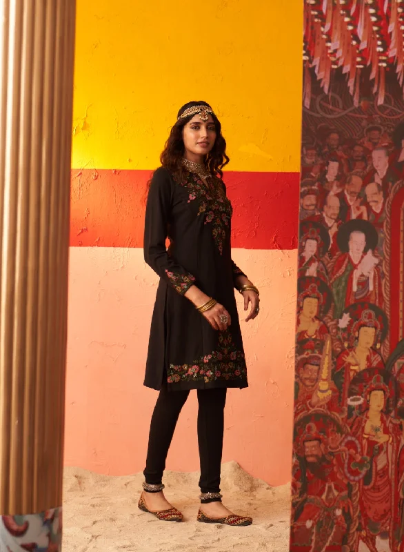 Black Embroidered Woollen Kurti for Women