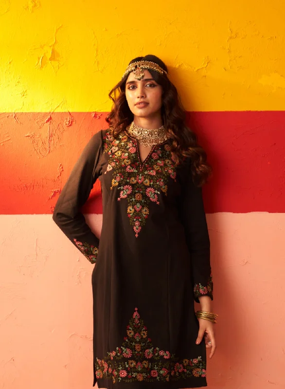 Black Embroidered Woollen Kurti for Women