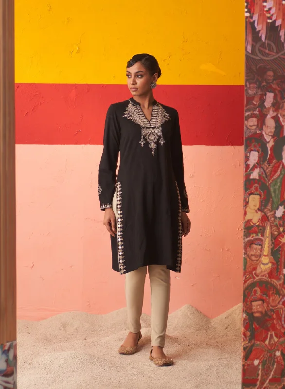 Black Embroidered Woollen Kurti for Women with Mirror Work