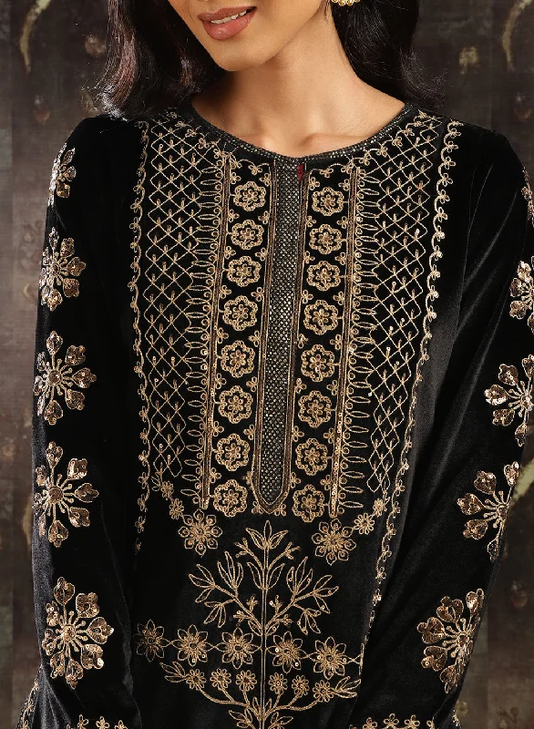 Black Heavily Embroidered Party-wear Velvet Kurta