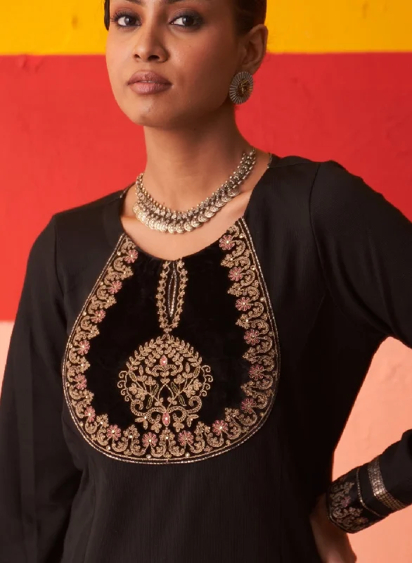 Black Women’s Woollen Kurti with Embroidered Yoke and Button Detailing on Cuffs