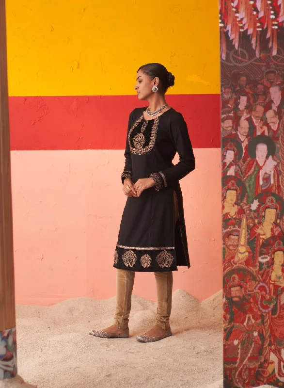 Black Women’s Woollen Kurti with Embroidered Yoke and Button Detailing on Cuffs