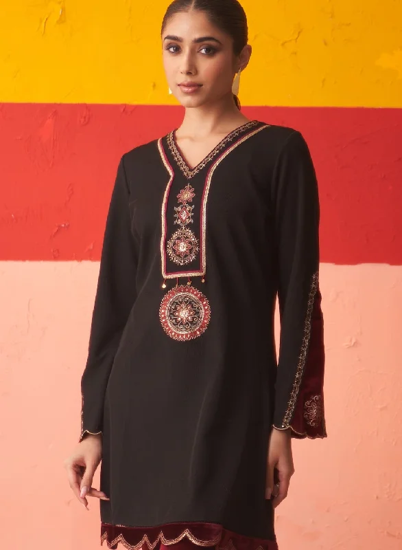 Black Women’s Woollen Kurti with Inserts and Zari Work