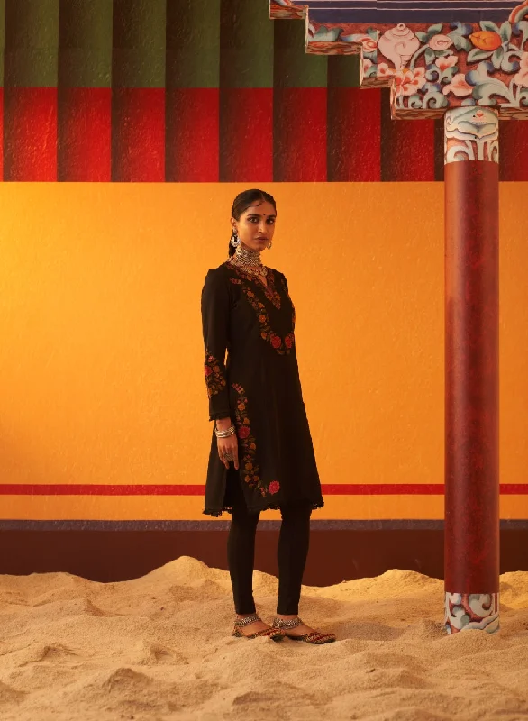 Black Woolen Kurta for Women with Thread Work and Lace Detailing