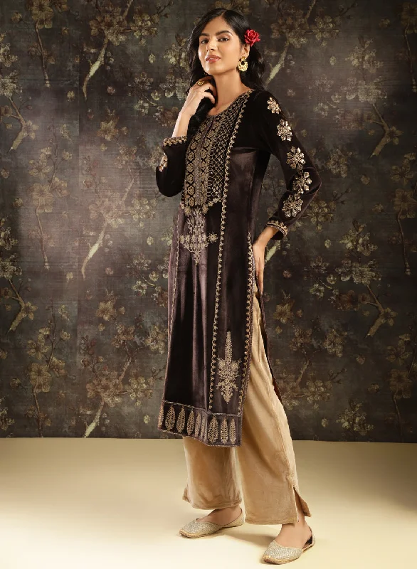 Brown Heavily Embroidered Party-wear Velvet Kurta