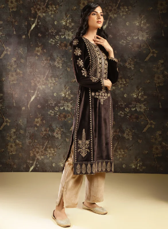 Brown Heavily Embroidered Party-wear Velvet Kurta