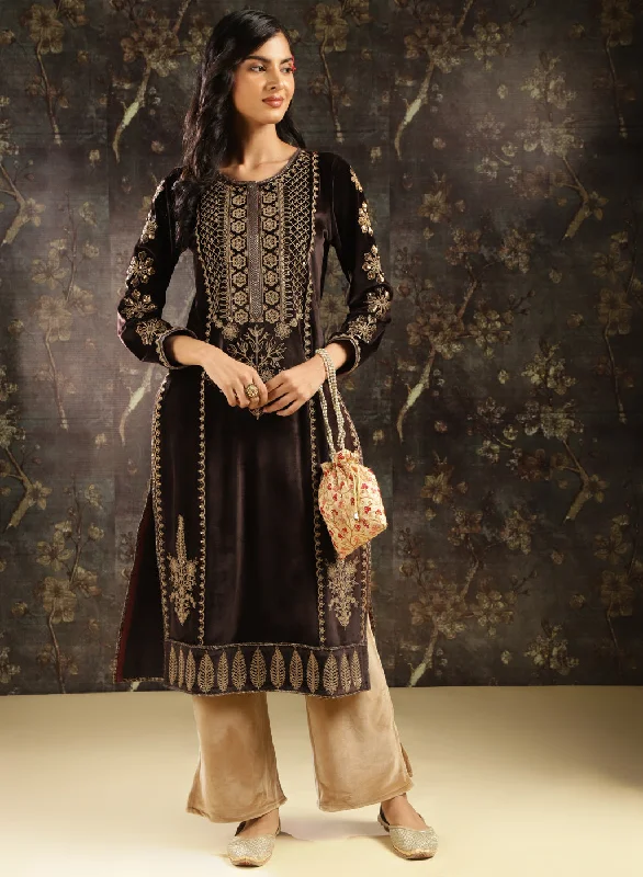 Brown Heavily Embroidered Party-wear Velvet Kurta