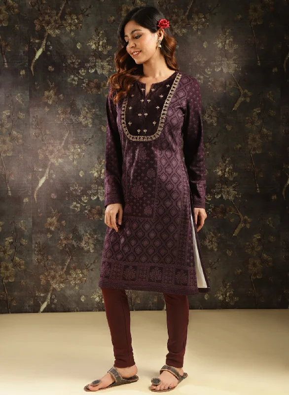 Brown Printed Woolen Kurta with Velvet Yoke