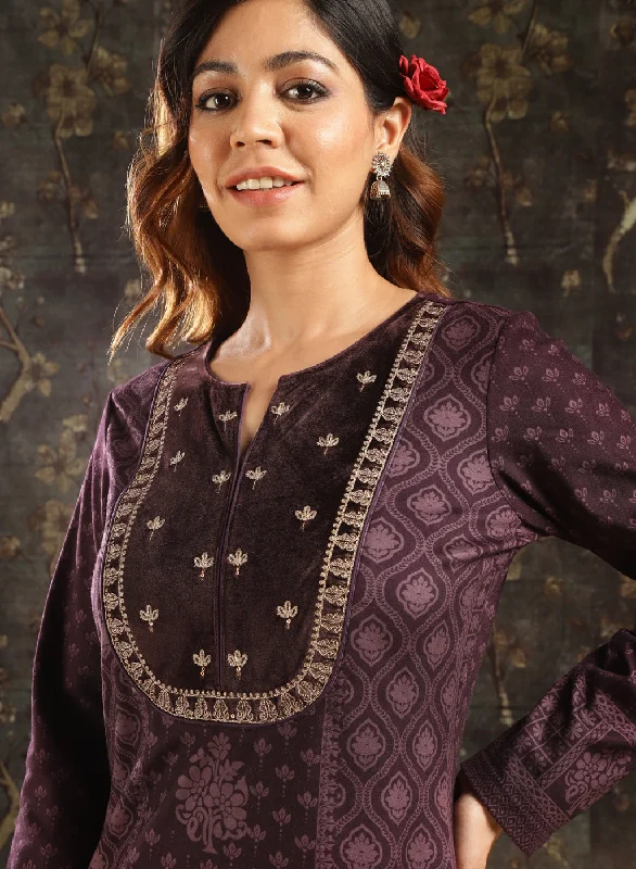 Brown Printed Woolen Kurta with Velvet Yoke