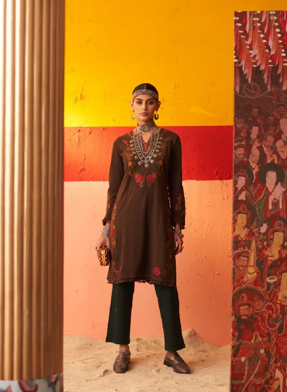 Brown Woolen Kurta for Women with Thread Work and Lace Detailing