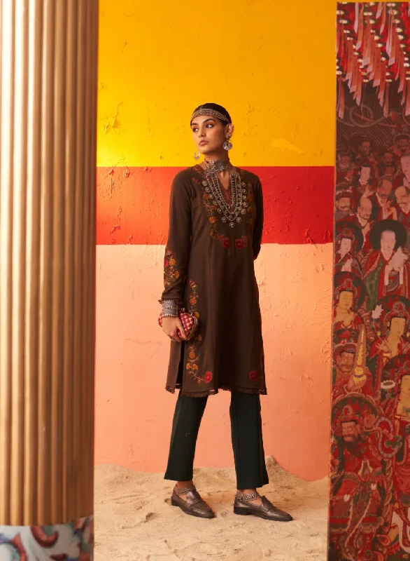 Brown Woolen Kurta for Women with Thread Work and Lace Detailing