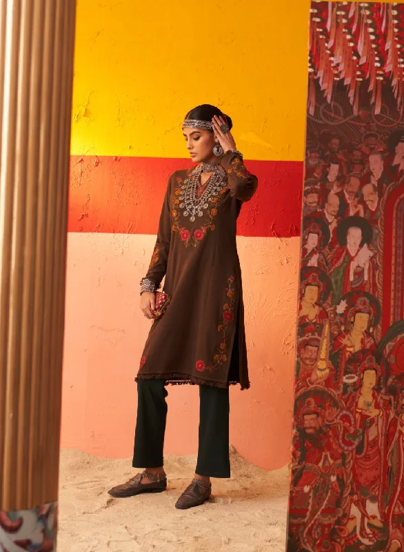 Brown Woolen Kurta for Women with Thread Work and Lace Detailing