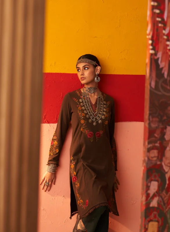 Brown Woolen Kurta for Women with Thread Work and Lace Detailing