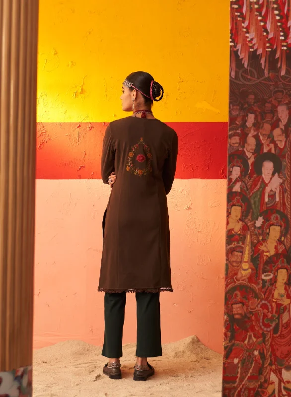 Brown Woolen Kurta for Women with Thread Work and Lace Detailing