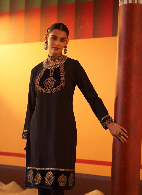 Dark Blue Women’s Woollen Kurti with Embroidered Yoke and Button Detailing on Cuffs