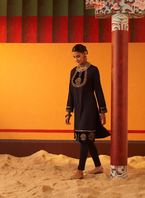 Dark Blue Women’s Woollen Kurti with Embroidered Yoke and Button Detailing on Cuffs