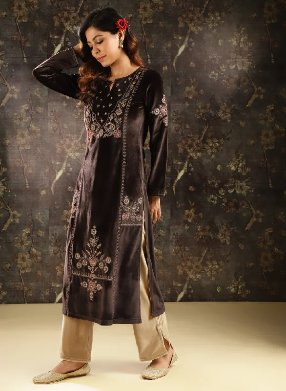 Dark Brown Velvet Kurta with Threadwork and Zari Work