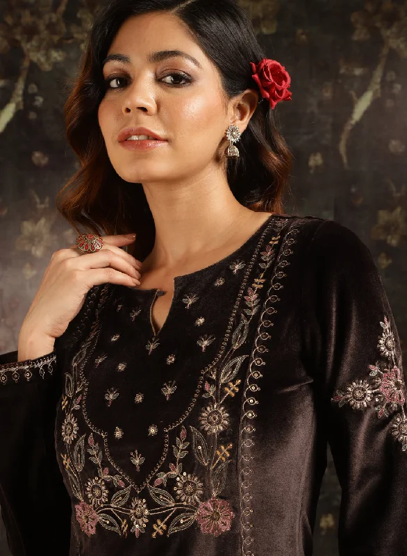 Dark Brown Velvet Kurta with Threadwork and Zari Work