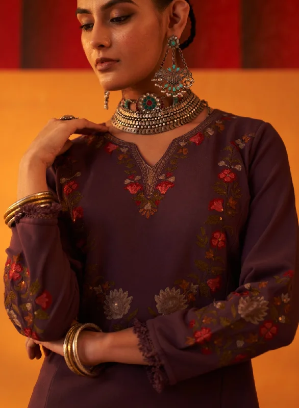 Dark Purple Woolen Kurta for Women with Thread Work and Lace Detailing 