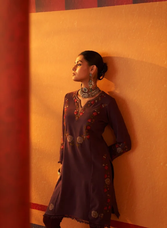 Dark Purple Woolen Kurta for Women with Thread Work and Lace Detailing 