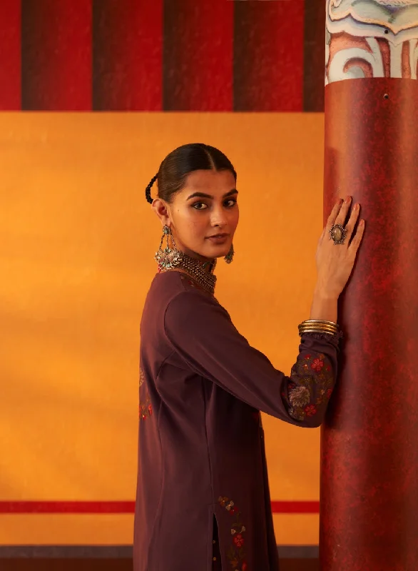 Dark Purple Woolen Kurta for Women with Thread Work and Lace Detailing 