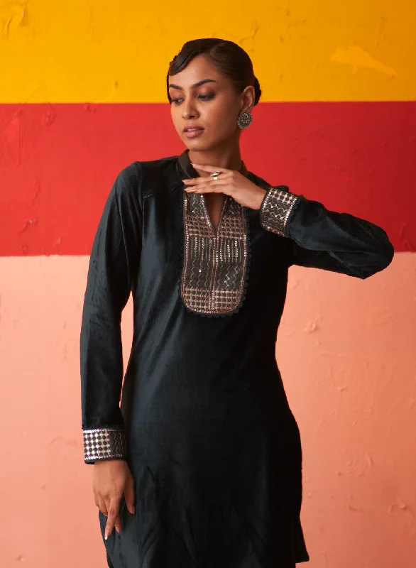 Essex Green Woollen Kurta for Women with Leather Collar and Sequin Work