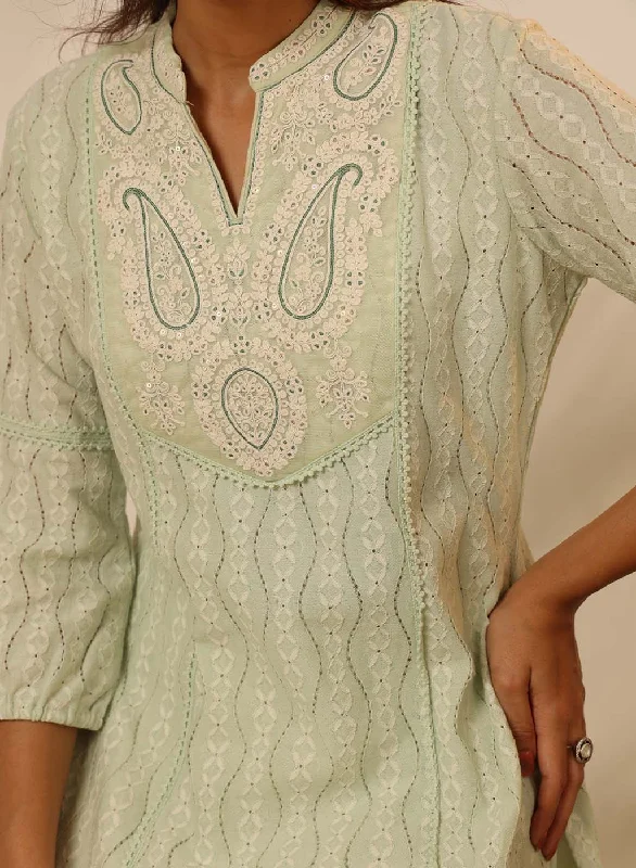 Green Raschel Net Embroidered Kurti for Women