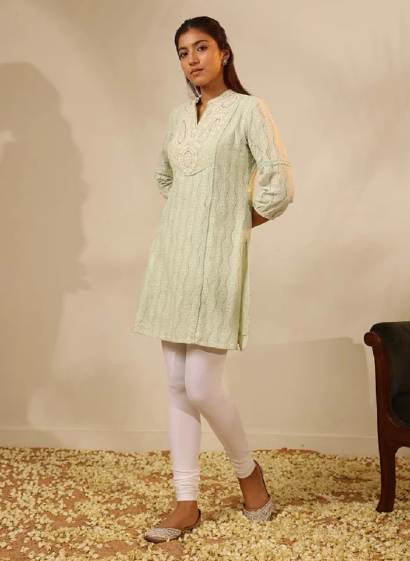 Green Raschel Net Embroidered Kurti for Women