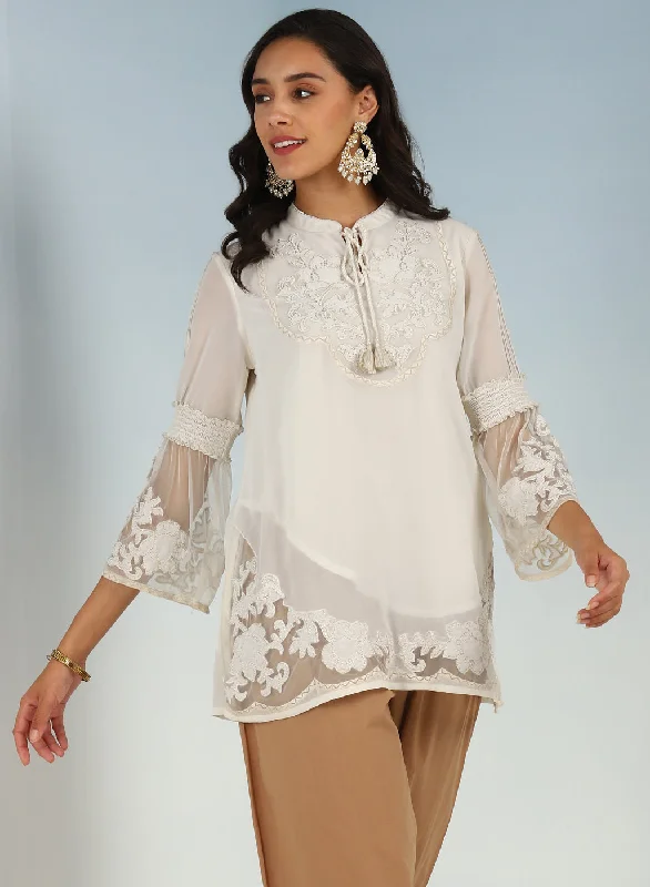 Ivory Embroidered Tunic for Women with Lace Inserts