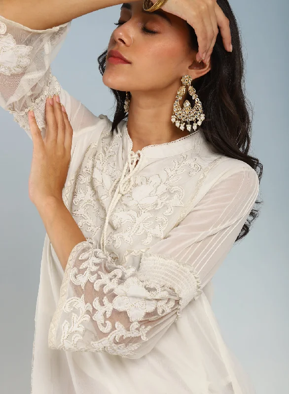 Ivory Embroidered Tunic for Women with Lace Inserts