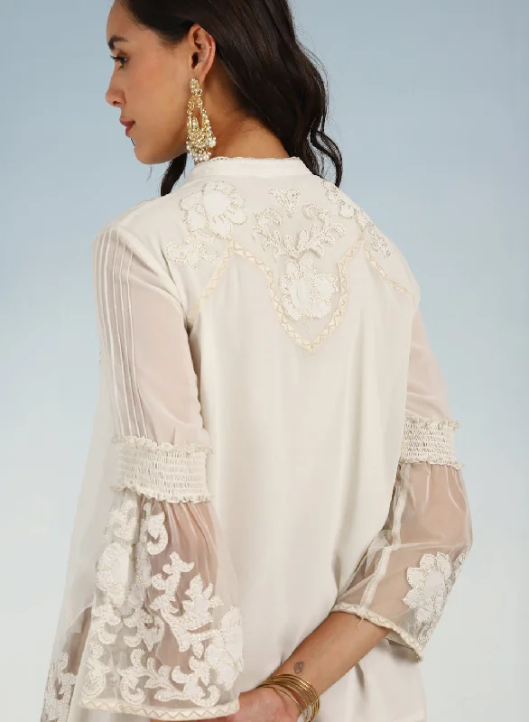 Ivory Embroidered Tunic for Women with Lace Inserts