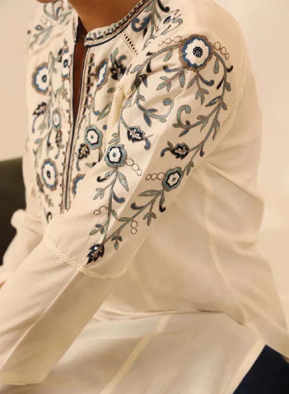 Ivory Knee-length Embroidered Kurta