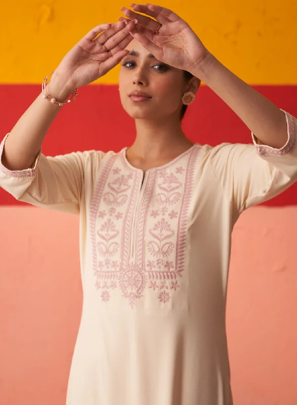 Ivory Kurta for Women with Threadwork and Lace Detailing