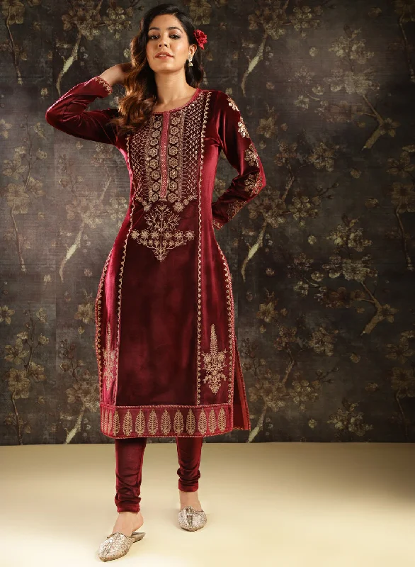 Maroon Heavily Embroidered Party-wear Velvet Kurta