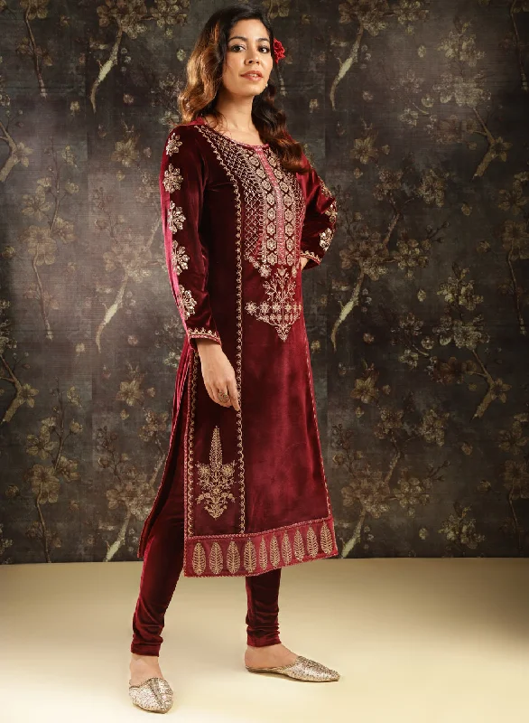 Maroon Heavily Embroidered Party-wear Velvet Kurta