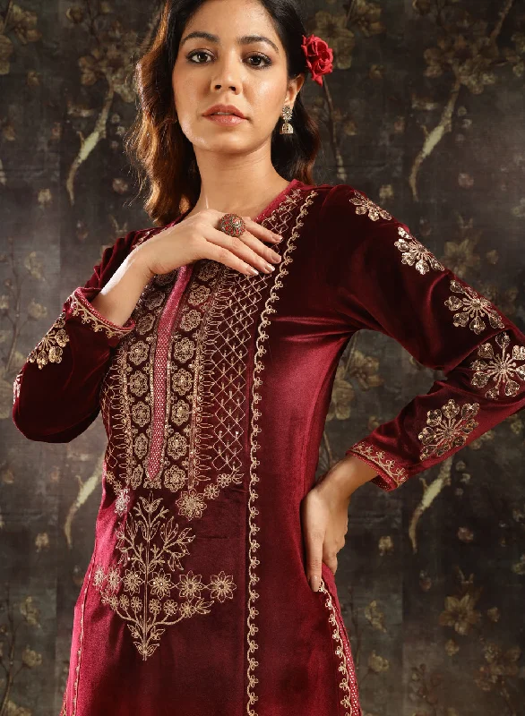 Maroon Heavily Embroidered Party-wear Velvet Kurta