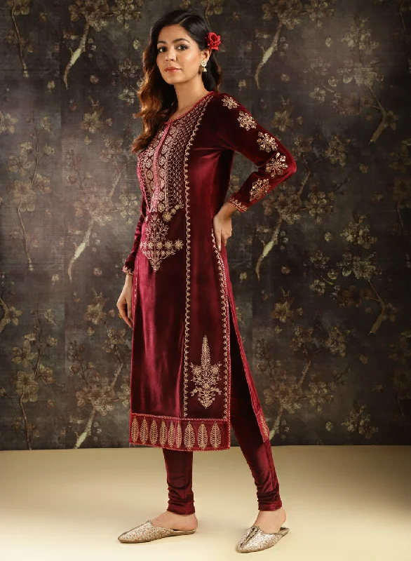 Maroon Heavily Embroidered Party-wear Velvet Kurta