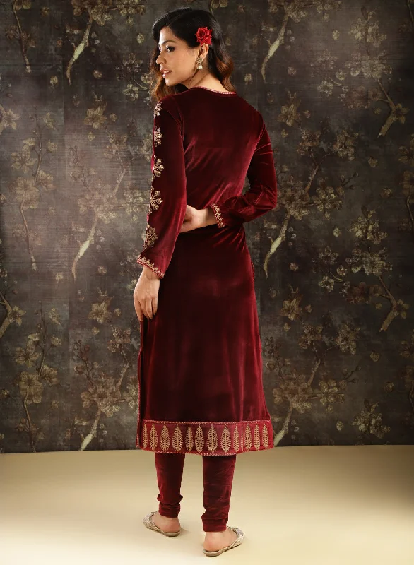 Maroon Heavily Embroidered Party-wear Velvet Kurta