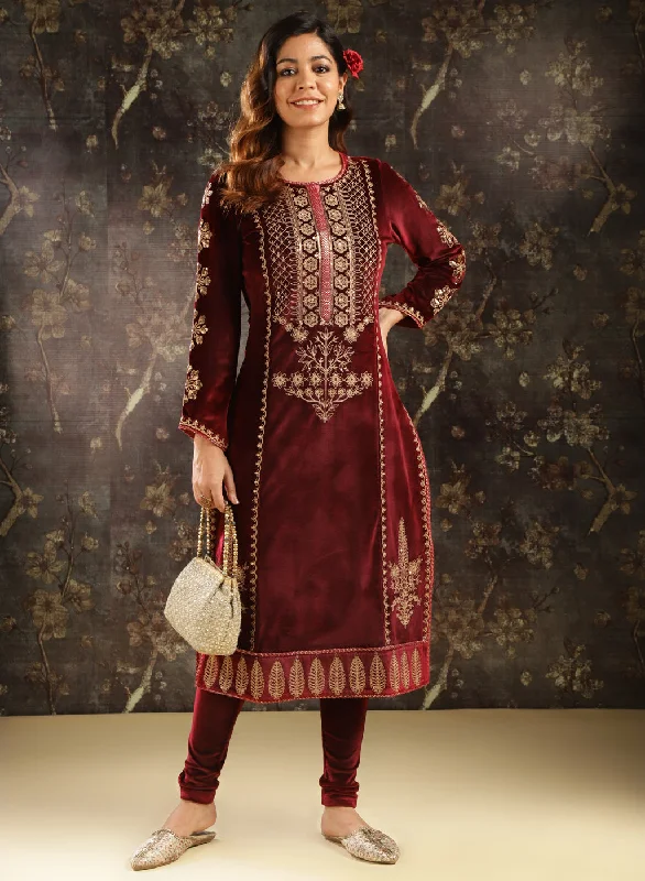 Maroon Heavily Embroidered Party-wear Velvet Kurta