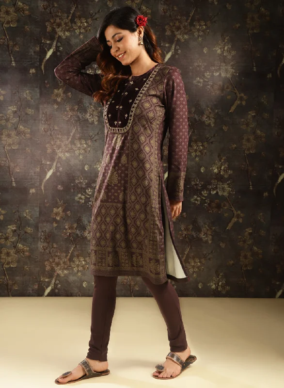 Maroon Printed Woolen Kurta with Velvet Yoke