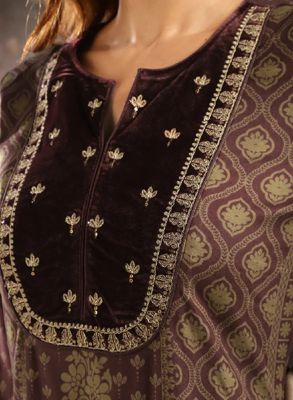 Maroon Printed Woolen Kurta with Velvet Yoke