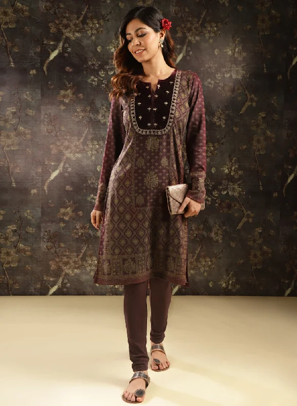 Maroon Printed Woolen Kurta with Velvet Yoke