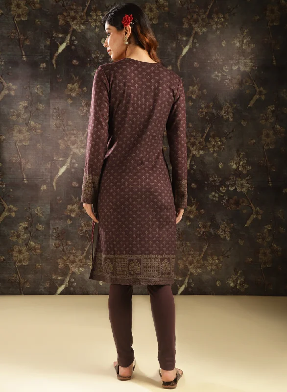 Maroon Printed Woolen Kurta with Velvet Yoke