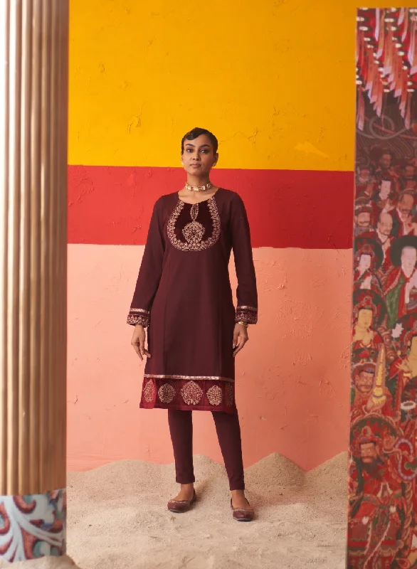 Maroon Women’s Woollen Kurti with Embroidered Yoke and Button Detailing on Cuffs