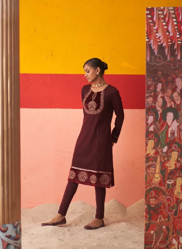 Maroon Women’s Woollen Kurti with Embroidered Yoke and Button Detailing on Cuffs